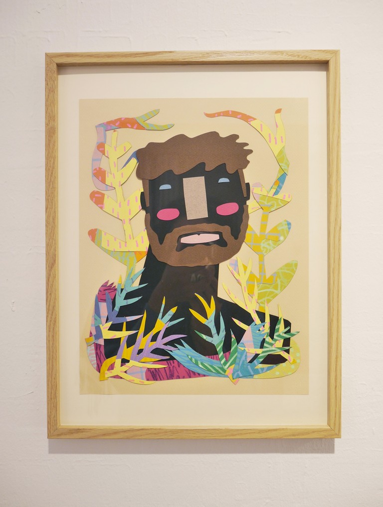 Cutout collage, figure of a man around plants